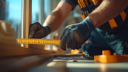 Poster - Technician worker in uniform using measuring tape tool to measuring wood window in the home construction site repair and fix for problem in the house : Generative AI