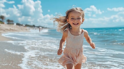 Child girl running on the beach kid 4 years old happy emotions family vacations lifestyle travel outdoor : Generative AI