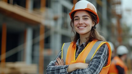 Aufkleber - Portrait of happy beautiful woman engineer worker with safety vest and helmet stands with arms crossed at construction building site with coworker team blurred background Female constr : Generative AI