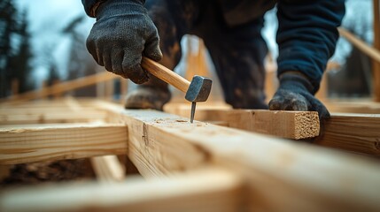 Poster - Man worker building wooden frame house on pile foundation Carpenter hammering nail into wooden joist using hammer Carpentry concept : Generative AI