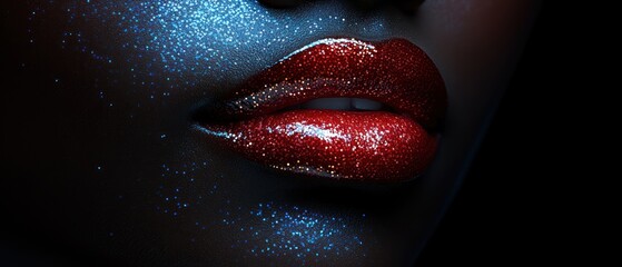 Wall Mural - Close-up of a woman's lips with red glitter lipstick and blue glitter makeup