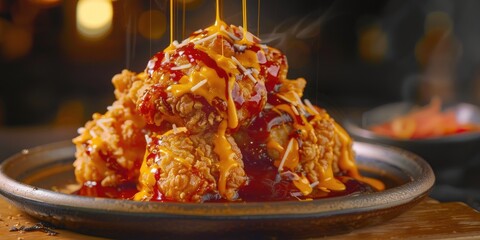 Wall Mural - Crispy chicken topped with a zesty lava sauce and a cheese drizzle.