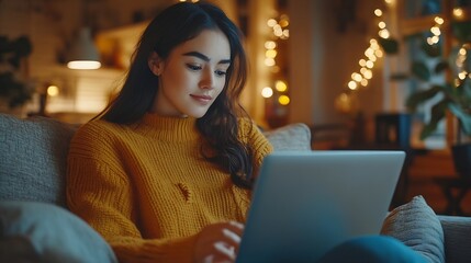 Poster - A young businesswoman in casual clothes works online from home using a laptop and wireless technology while sitting on a sofa in a cozy room at home Selective focus : Generative AI