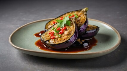 Wall Mural - chinese common dish fishflavored eggplant isolated on an aesthetic plating, concept for advertisement background