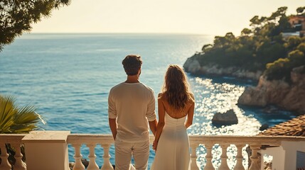 Wall Mural - Wealthy couple enjoying beautiful sea view of luxury Mediterranean villa : Generative AI