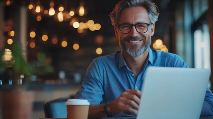 Poster - Handsome smiling businessman drinking coffee and using laptop in office checking emails on computer sitting at desk free space : Generative AI
