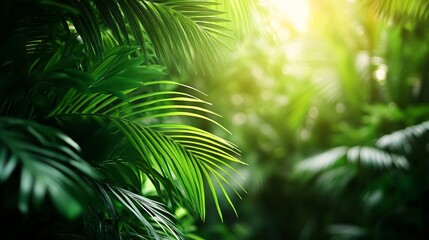 closeup of lush green tropical vegetation jungle with palm leaves in sunshine beauty in tropical nature banner concept for wallpaper travel vacation : Generative AI