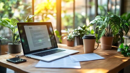 Aufkleber - Front view laptop with empty display documents and coffee cup on wooden office desk : Generative AI