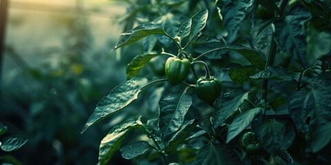 Wall Mural - Detailed view of ripening green peppers on a plant in a residential greenhouse during the warm season.