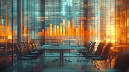 Fototapete - Image of bar graph representing growth over empty chairs and table arranged in conference room Digital composite multiple exposure business report profit progress furniture meeting : Generative AI