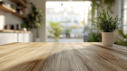 Poster - kitchen table background wood counter top on blur of white clean abstract home interior with bokeh  used for display or montage your wooden for dining background tabl banner podium : Generative AI