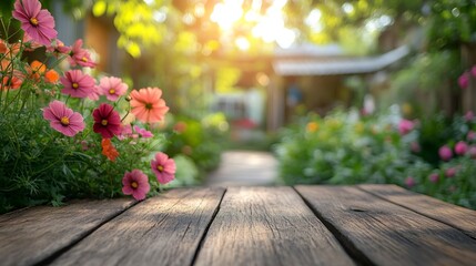 Aufkleber - Select tive focusEmpty wood table top on blur abstract garden flower with cozy house backgroundFor montage product display or design key visual layout : Generative AI