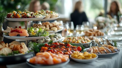 Poster - a beautifully decorated table with delicious food Everything is ready for lunch or dinner with delicious snacks and a cozy atmosphere Serving a holiday table with fish dishes salads an : Generative AI