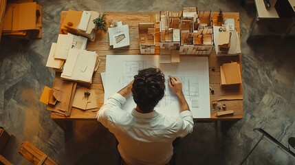 Poster - Top view of skilled civil engineer sitting and writing idea while looking at house model Aerial view of architect or designer planning and thinking about creative building construction : Generative AI