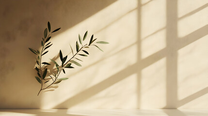 Sticker - Minimalistic aesthetic featuring green leaves on a cream wall with sunlight streaming through a window creating shadows.