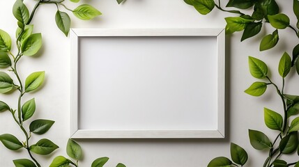 Poster - White wooden photo frame with plant leaves on white background : Generative AI