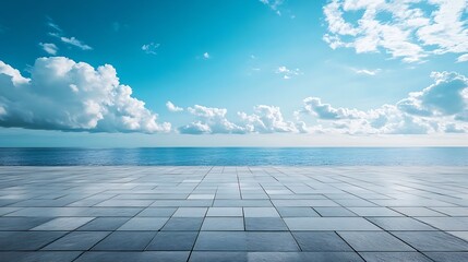 Poster - Empty square floor and blue sea with sky clouds background : Generative AI