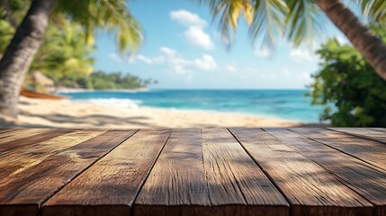 Leinwandbilder - Empty summer holidays background Horizontal travel banner for advertising product Wooden table top in front blurred paradise vacation Panoramic empty counter in focus beach and sea on  : Generative AI