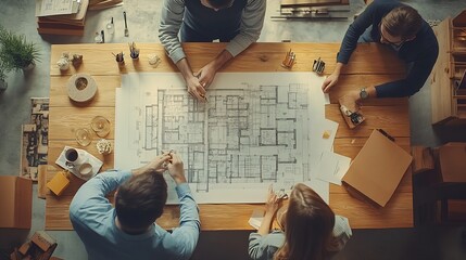 Aufkleber - Top down view of civil engineer handed document while looking at blueprint Aerial view of architect team brainstorming idea and planning building design while sitting at table with pla : Generative AI
