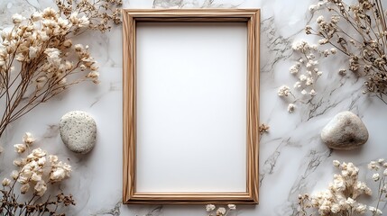 Aufkleber - Empty photo frame dried flowers and stone on a light background top and vertical view : Generative AI