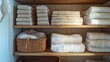 © Generative AI - Bed linens closet neatly arrangement on shelves with copy space domestic textile Nordic minimalism comfortable storage Rolled towels in straw basket duvet cover sheet pillow plaid in c : Generative AI