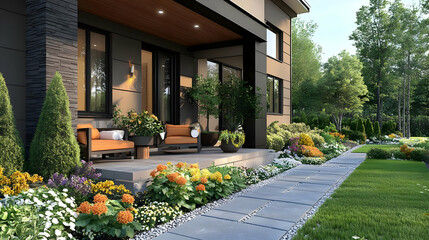 Wall Mural - Modern home with a front porch, a stone walkway, and lush landscaping.