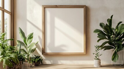 Aufkleber - wooden frame on beige wall frame mockup : Generative AI