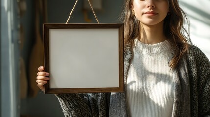Poster - Closeup of female hanging wooden frame with empty mockup copy space Art concept with shadows and light : Generative AI