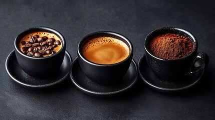Aufkleber - Three black cups with coffee and saucers on black background One with coffee beans the second with ground coffee the third with black coffee espresso : Generative AI