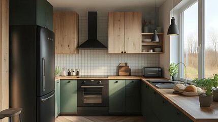 Wall Mural - Modern kitchen with green cabinets, wood countertop, black appliances, and a window overlooking a forest.