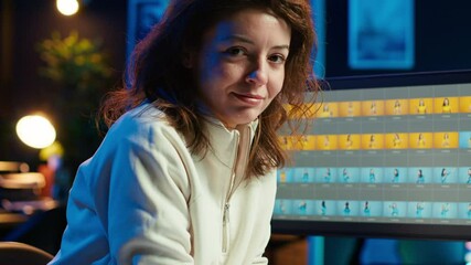 Poster - portrait of happy photo editor color correcting photographs in creative studio next to cup of coffee