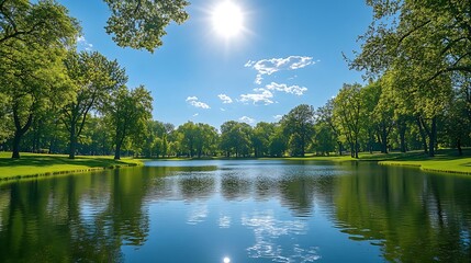 Poster - Very beautiful idyllic natural panorama of city spring summer park with pond that reflects surrounding trees and blue sky on bright sunny day : Generative AI