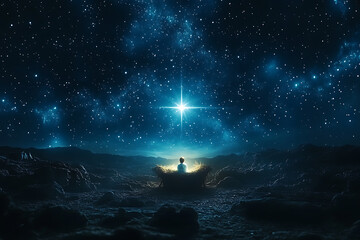 A serene nativity scene featuring the newborn Jesus Christ in a manger, set against a dark, starry night sky.
