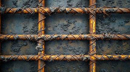 Poster - Iron frame for foundation floor building site top view Closeup reinforced concrete structures knitting of metal reinforcing cage : Generative AI