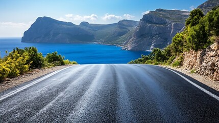 Poster - Asphalt road and mountain with blue sea natural landscape : Generative AI