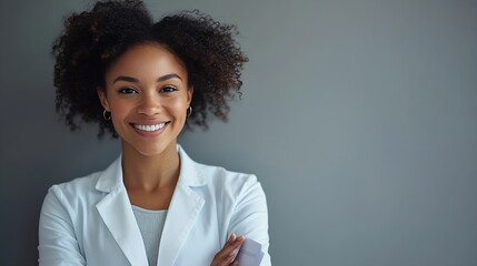 Aufkleber - satisfied young woman with wide toothy smile wearing a white coat holding documents and standing armcrossed medium shot business concept studio shot copy space High quality photo : Generative AI