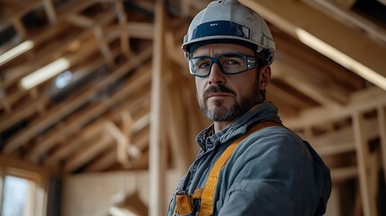 Aufkleber - Man builder Engineer works at construction site Builder in gray uniform Foreman inside unfinished house Contractor uses equipment for construction Frame of wooden house above man build : Generative AI