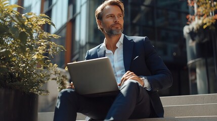 Poster - Young satisfied businessman in stylish dark blue suit sitting on stairs near office center outside with laptop and coffee to go in sunny summer day working remotely online while having : Generative AI