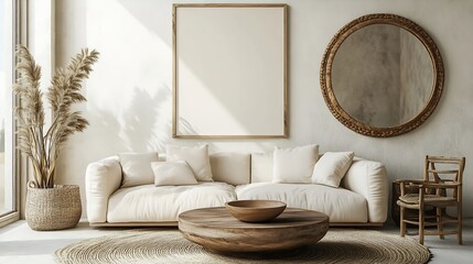 Sticker - Creative composition of living room interior with mock up poster frame beige sofa wooden round coffee table mirror beige bowl and stylish personal accessories Beige wall Home decor Tem : Generative AI