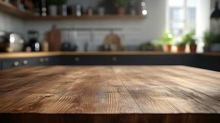 Poster - Beautiful wooden table top in a modern kitchen and blurred bokeh background : Generative AI