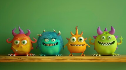 Four cartoon monsters with different features standing on a wooden shelf.