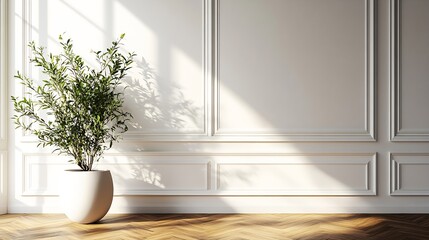 Poster - White classic wall background brown parquet floor home furniture detail frame and vase of plant : Generative AI