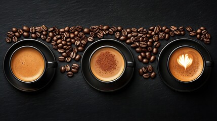 Poster - Five black cups with coffee and saucers on black background Coffee beans ground coffee espresso cappuccino and dalgona coffee Flat lay : Generative AI