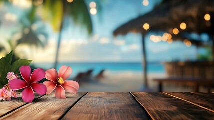 Aufkleber - Empty summer holidays background Horizontal travel banner for advertising product Wooden table top in front blurred paradise vacation Panoramic empty bar counter in focus : Generative AI