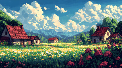 Poster - Pixelated countryside landscape with charming cottages, lush green fields, and a bright blue sky with fluffy white clouds.