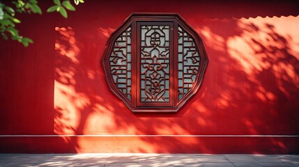 Aufkleber - Wooden window in red wall with traditional Chinese style Interior view : Generative AI
