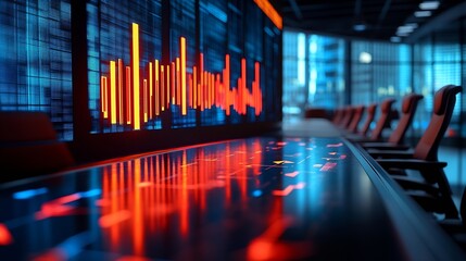 Poster - Image of bar graph and arrow representing loss and coding over empty chairs and table in office Digital composite conference meeting business report inflation crisis recession furnitur : Generative AI