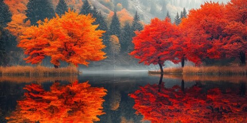 Wall Mural - Red and orange trees by a lake