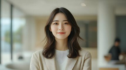 Canvas Print - Portrait of a young woman with long dark hair smiling, wearing a beige blazer.