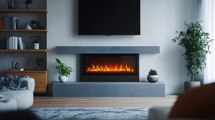 Aufkleber - Electric fireplace and shelving unit in interior of light living room : Generative AI